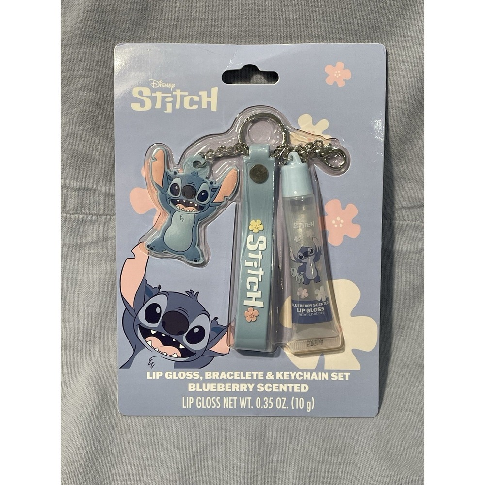 NEW Walt Disney Stitch Lip Gloss Bracelet & Keychain Set Blueberry Scented‎